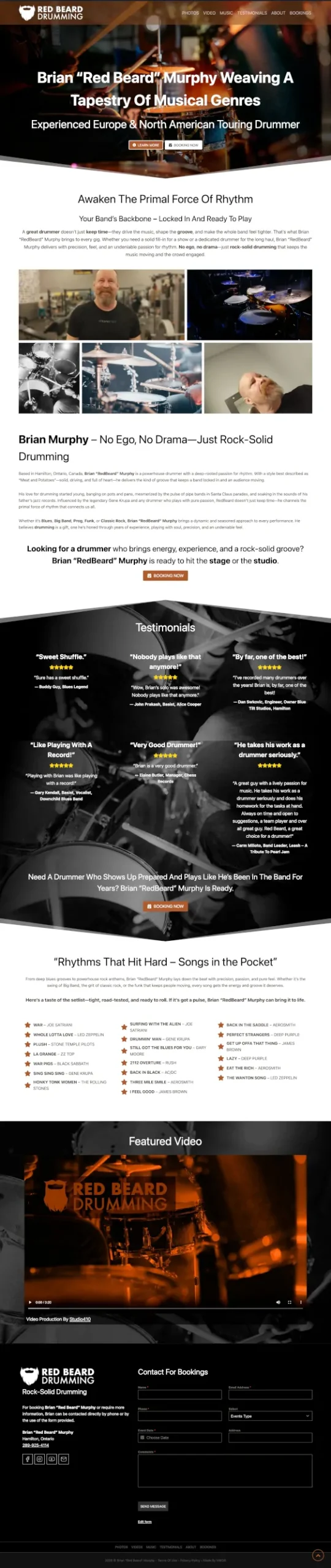 Red Beard Drumming - Full Page Design - Hamilton Web Designer